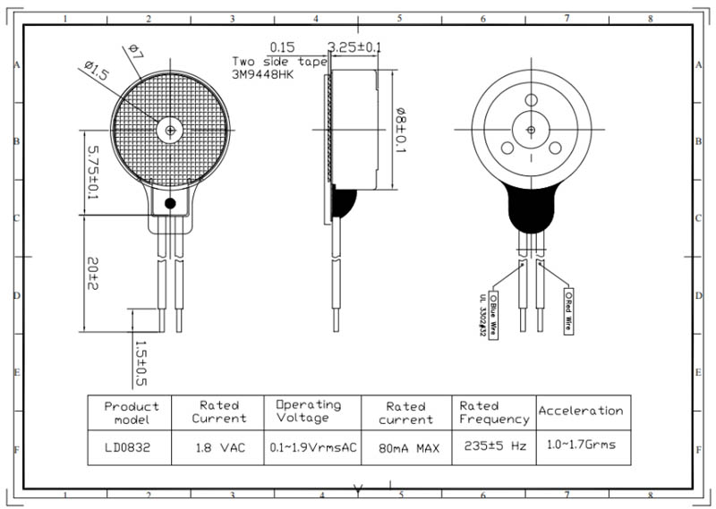Disegno tecnico del motore a vibrazione lineare da 8 mm x 3,2 mm
