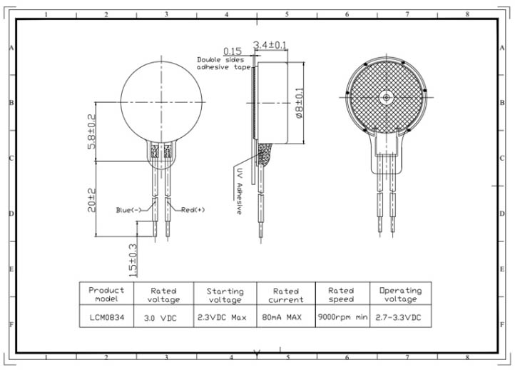 vibration motor coin 8mm Engineering drawing